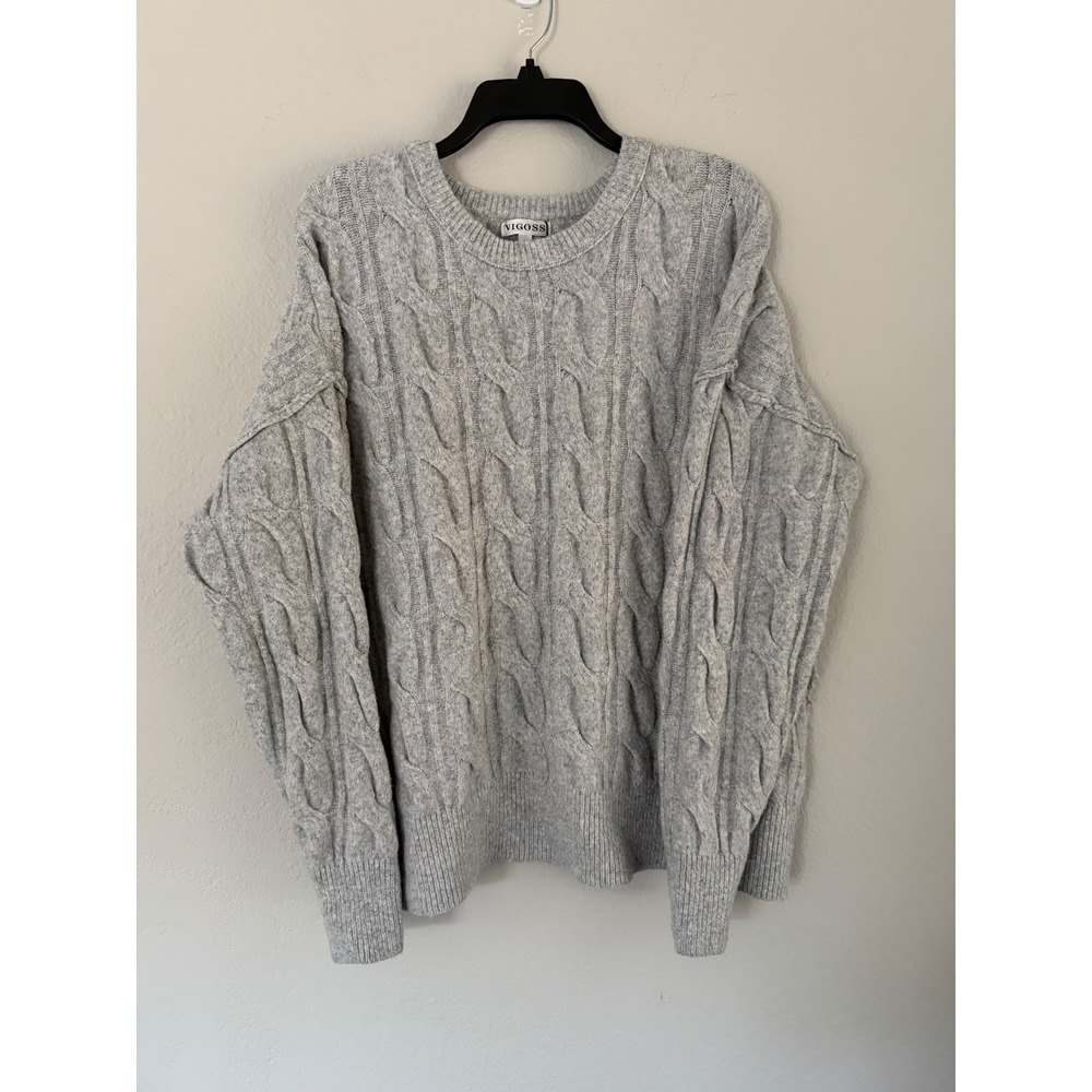 NWT Vigoss Womens Cable Knit Sweater Gray Crew Neck Long Sleeve Marl Size L